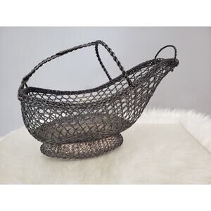 Antique French Woven Silver Wine Bottle Basket Server Holder Pourer Caddy France